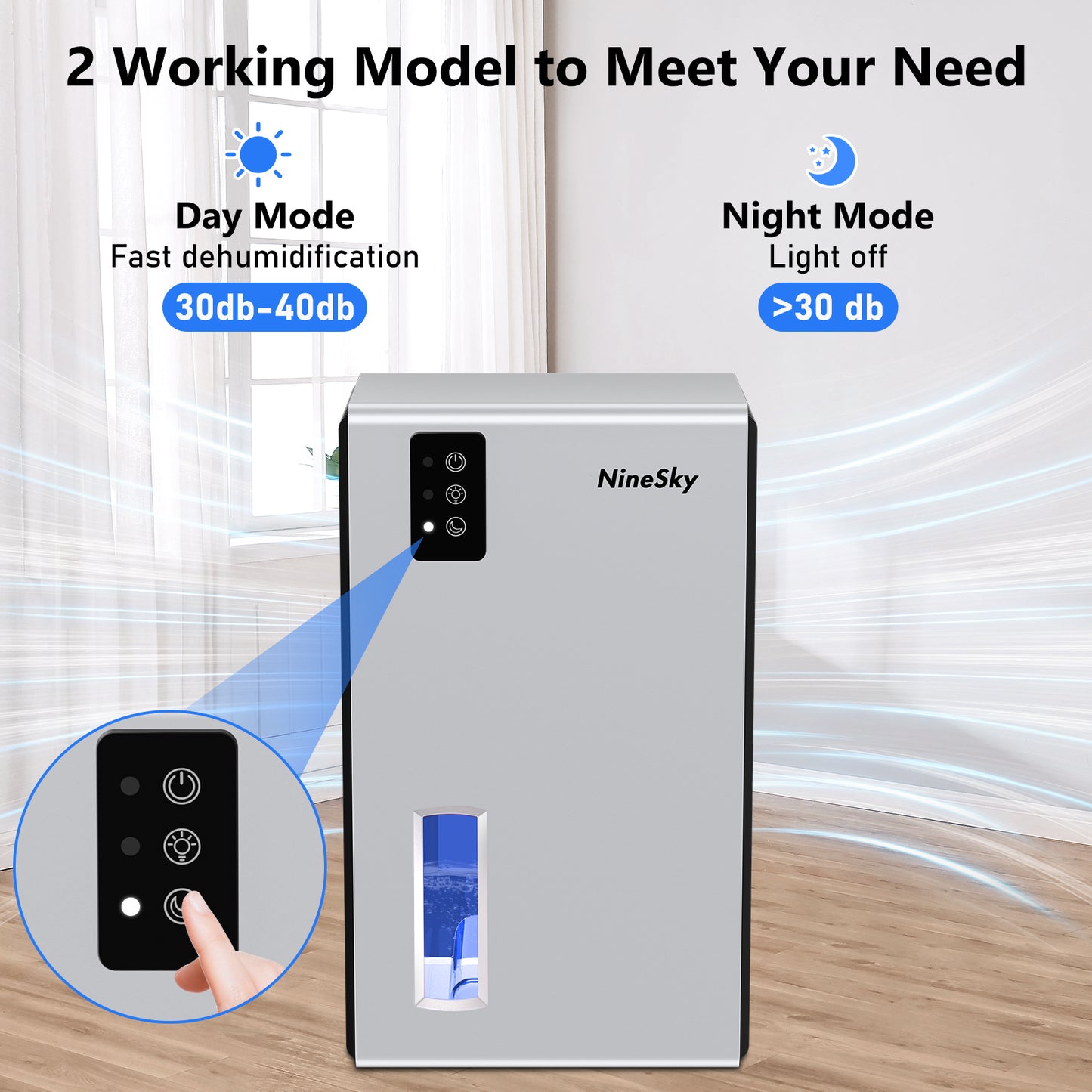 NineSky Dehumidifier for Home, 85 OZ Water Tank, (800 sq.ft) Dehumidifiers for Bathroom Bedroom with Auto Shut Off,7 Colors LED Light(Silver)