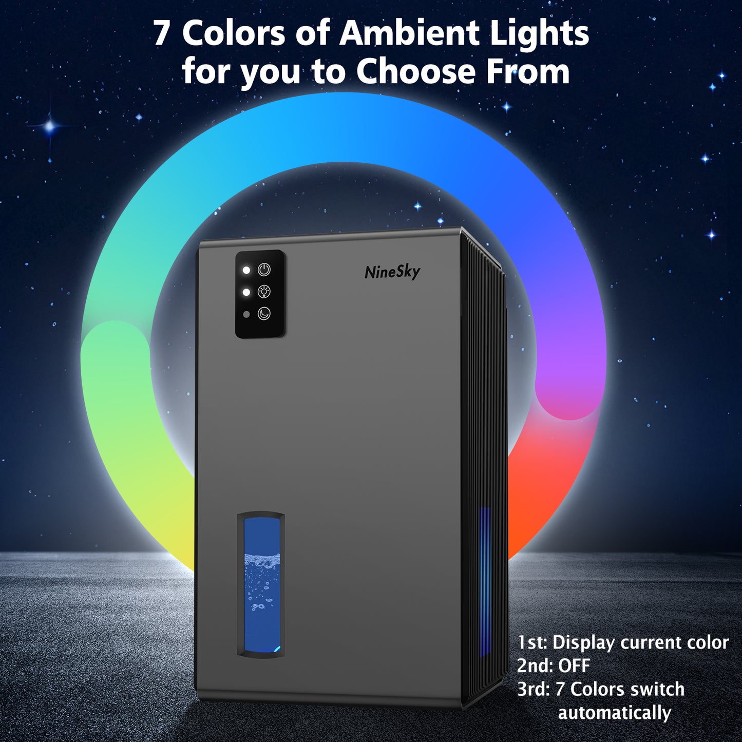 NineSky Dehumidifiers for Home, 95 OZ Water Tank, (1000 sq.ft) Dehumidifiers for Bathroom Bedroom Basement with Auto Shut Off,7 Colors LED Light (Gray)