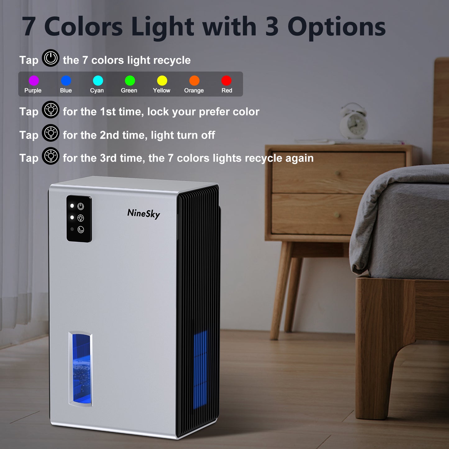 NineSky Dehumidifier for Home, 85 OZ Water Tank, (800 sq.ft) Dehumidifiers for Bathroom Bedroom with Auto Shut Off,7 Colors LED Light(Silver)