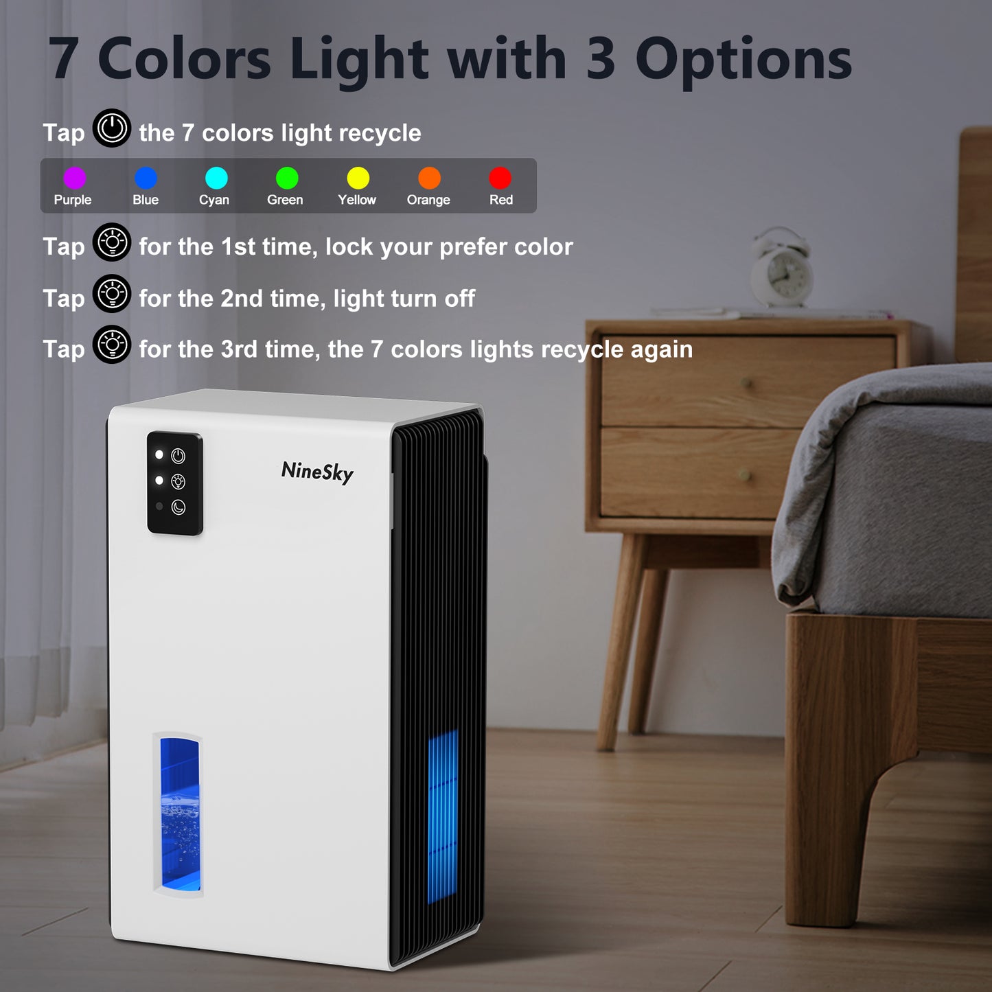 NineSky Dehumidifier for Home, 95 OZ Water Tank, (800 sq.ft) Dehumidifiers for Bathroom Bedroom with Auto Shut Off,7 Colors LED Light(White)