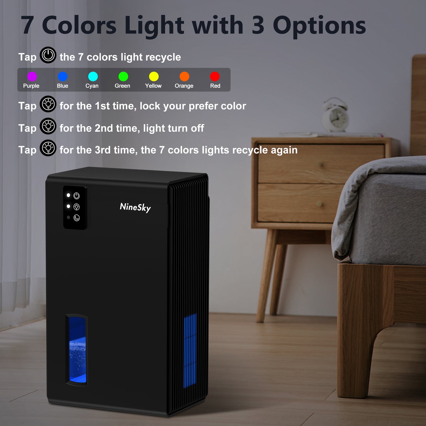 NineSky Dehumidifier for Home, 95 OZ Water Tank, (800 sq.ft) Dehumidifiers for Bathroom, Bedroom with Auto Shut Off, 7 Colors LED Light (Black)