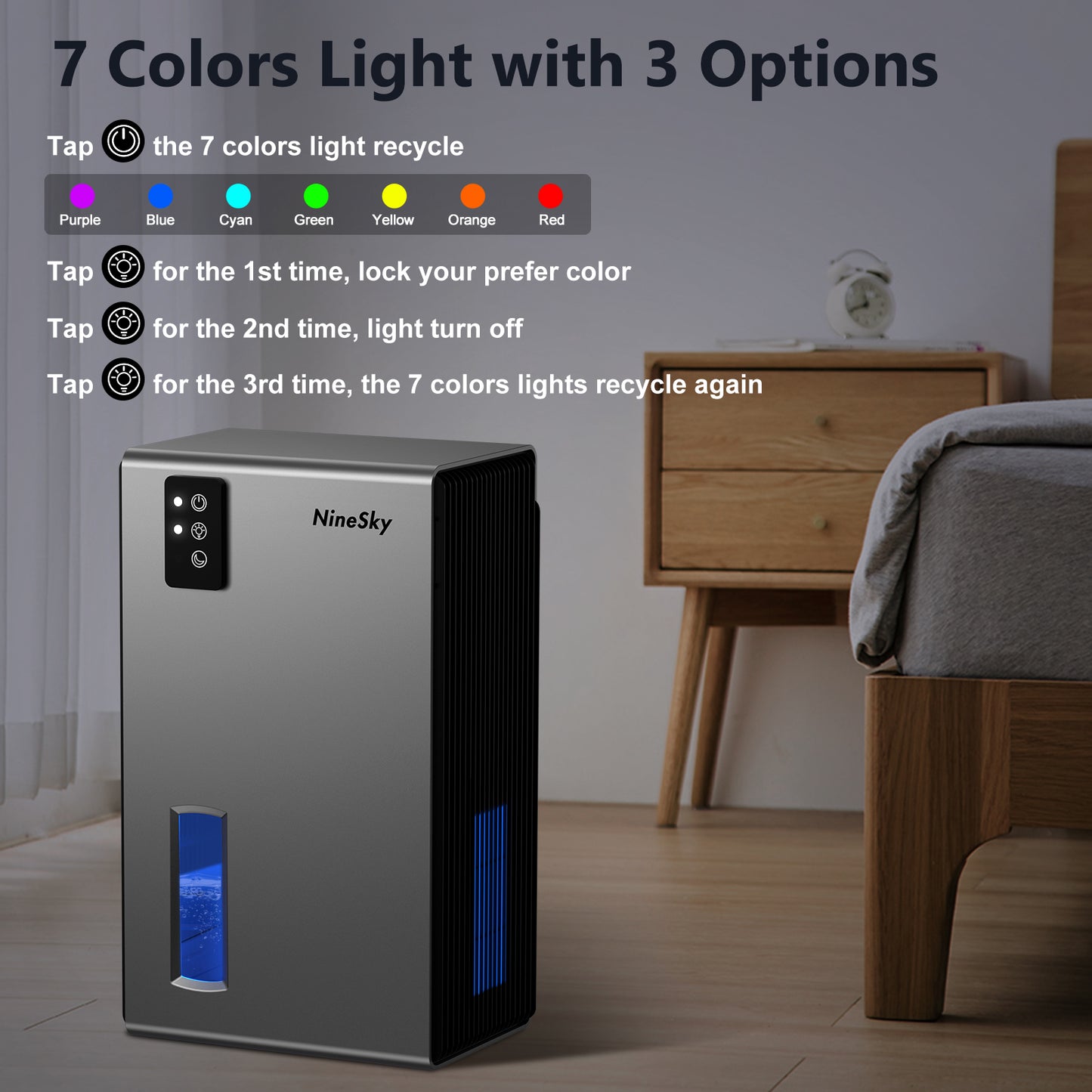 NineSky Dehumidifier for Home, 85 OZ Water Tank, (800 sq.ft) Dehumidifiers for Bathroom Bedroom with Auto Shut Off,7 Colors LED Light(Gray)