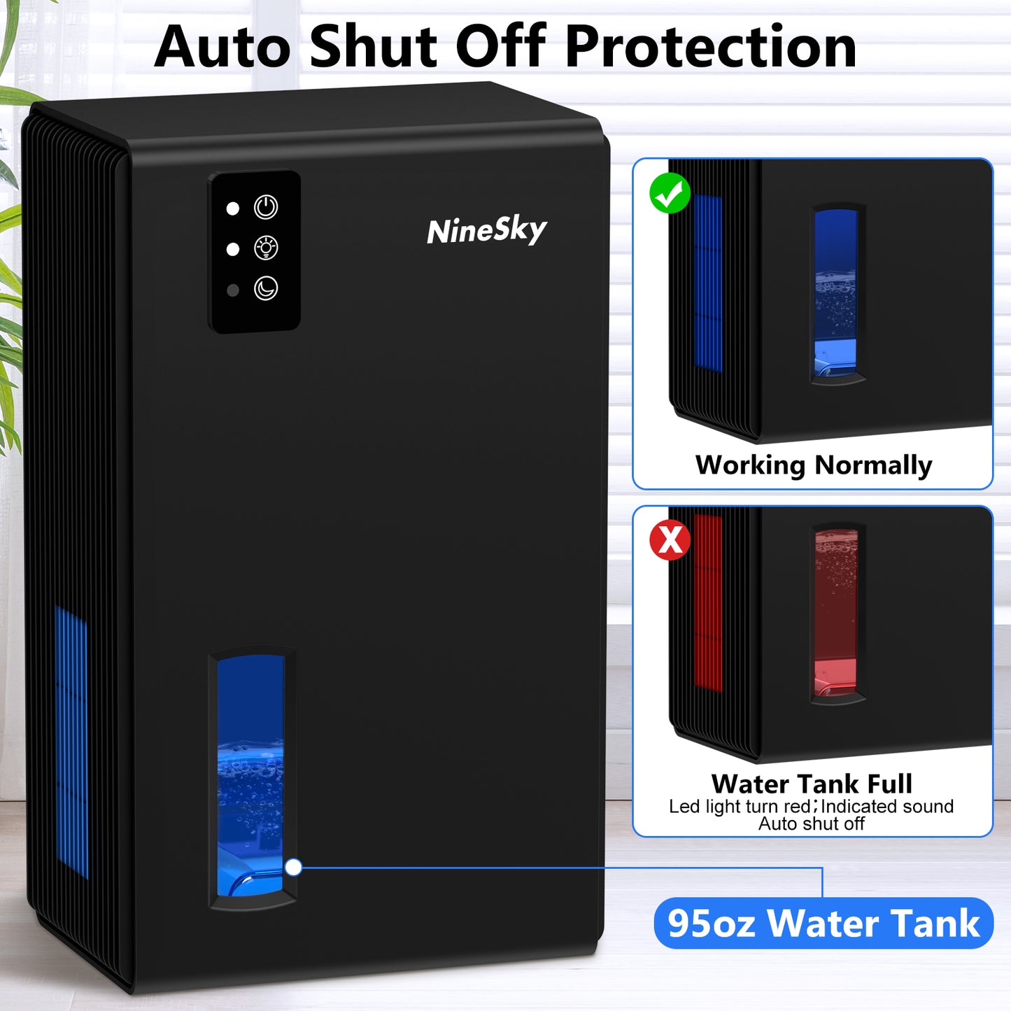 NineSky Dehumidifier for Home, 95 OZ Water Tank, (800 sq.ft) Dehumidifiers for Bathroom, Bedroom with Auto Shut Off, 7 Colors LED Light (Black)